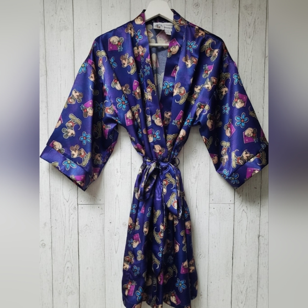 Rare Vintage 90s Mickey & Co Disney Satin Robe Blue Floral Minnie Mouse M